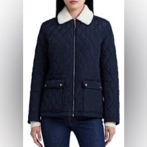 Lauren Ralph Lauren Berber Quilted Faux Shearling Trim Jacket navy blue size XXL